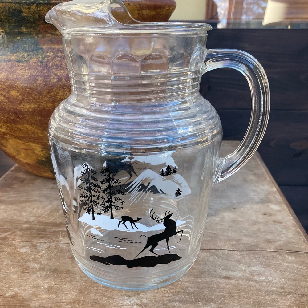 Winter scene Christmas glass pitcher snowy mountains forest reindeer buck‎